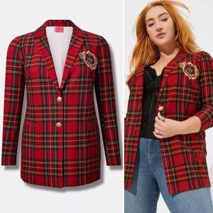 BETSEY JOHNSON Torrid Red Black Plaid Longline Ponte Stretch Blazer 5 28 5X